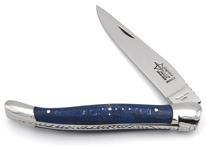 Laguiole pliant Prestige, manche en hêtre teinté bleu de 12 cm, finition brillant