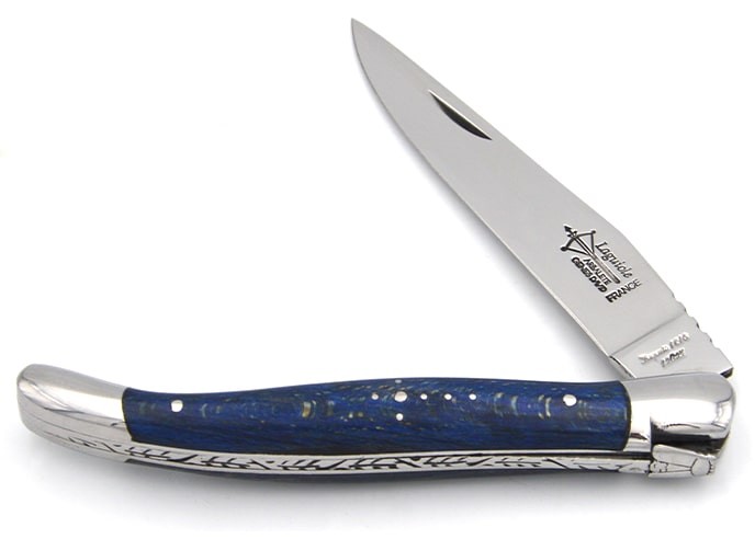 Laguiole Prestige folding knife, 12 cm blue stained beechwood handle, shiny finish