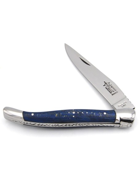 Laguiole pliant Prestige, manche en hêtre teinté bleu de 12 cm, finition brillant