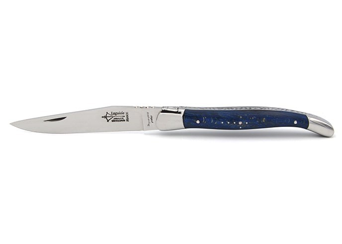Laguiole pliant Prestige, manche en hêtre teinté bleu de 12 cm, finition brillant