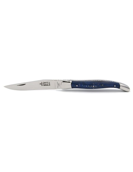 Laguiole pliant Prestige, manche en hêtre teinté bleu de 12 cm, finition brillant