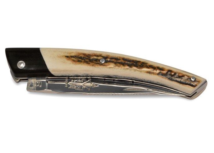 Le Thiers ® Prestige folding knife, false bolster in ebony wood, 12 cm deer antler handle, shiny finish