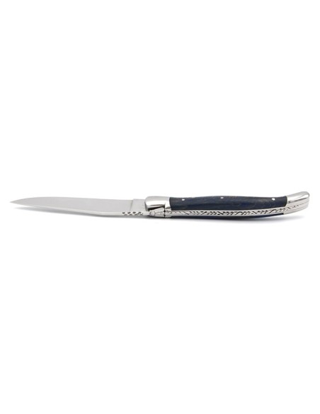 Laguiole pliant Prestige, manche en hêtre teinté bleu de 12 cm, finition brillant