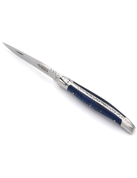 Laguiole pliant Prestige, manche en hêtre teinté bleu de 12 cm, finition brillant