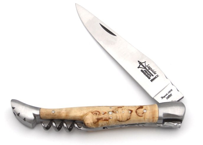 Laguiole pliant forgé, lame et tire-bouchon, manche en bouleau de 12 cm, finition mat