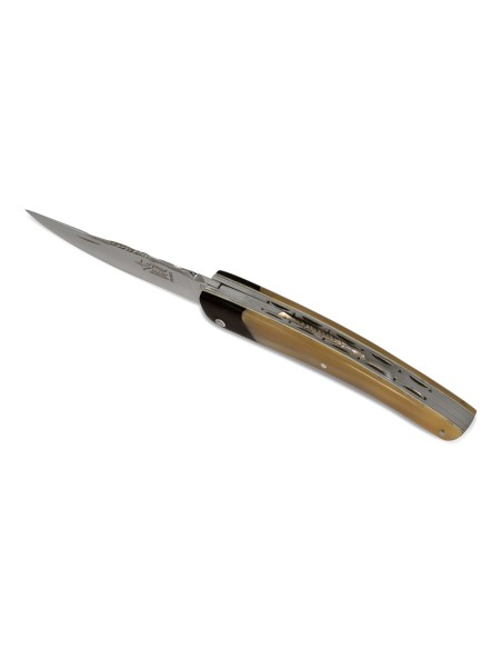 Le Thiers ® Prestige folding knife, false bolster in ebony wood, 12 cm blonde horn tip handle, shiny finish