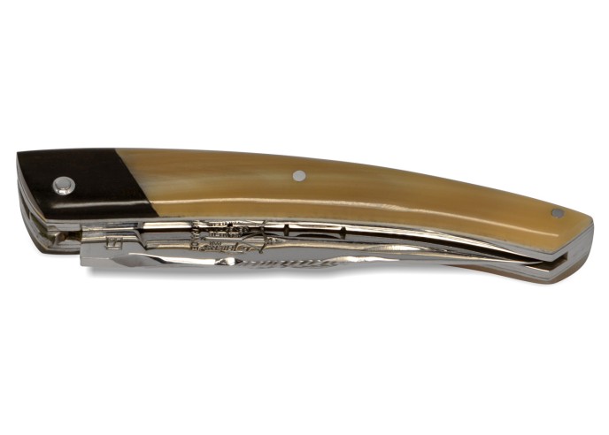 Le Thiers ® pliant Prestige, fausse mitre en ébène, manche en pointe de corne blonde de 12 cm, finition brillant