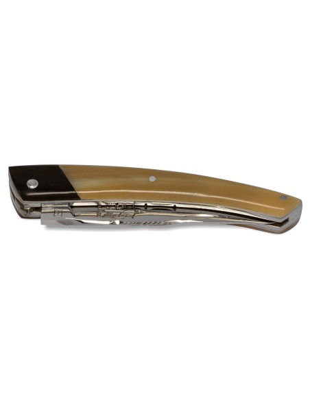 Le Thiers ® Prestige folding knife, false bolster in ebony wood, 12 cm blonde horn tip handle, shiny finish