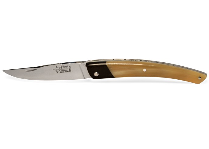 Le Thiers ® Prestige folding knife, false bolster in ebony wood, 12 cm blonde horn tip handle, shiny finish