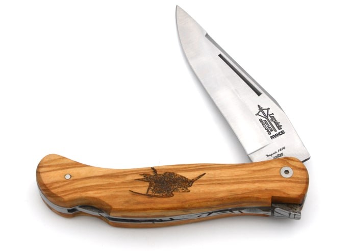 Laguiole folding knife Cubic Grande Nature, 12 cm olive wood handle, woodcock motif, matt finish