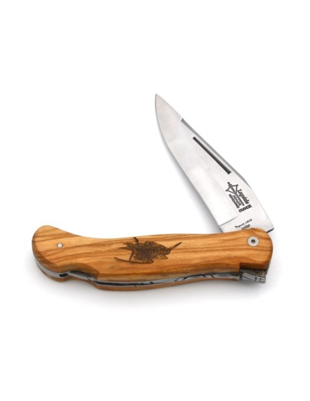 Laguiole folding knife Cubic Grande Nature, 12 cm olive wood handle, woodcock motif, matt finish