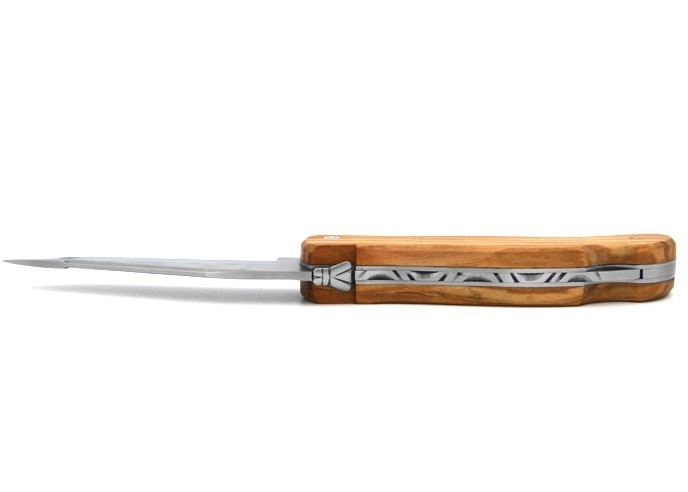 Laguiole folding knife Cubic Grande Nature, 12 cm olive wood handle, woodcock motif, matt finish