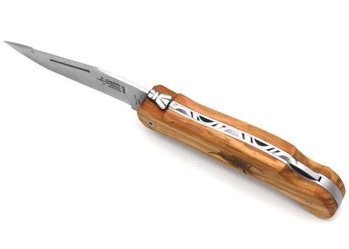 Laguiole folding knife Cubic Grande Nature, 12 cm olive wood handle, woodcock motif, matt finish
