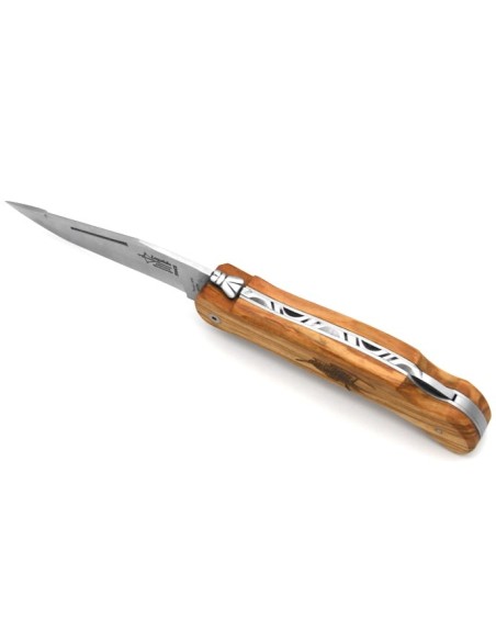 Laguiole folding knife Cubic Grande Nature, 12 cm olive wood handle, woodcock motif, matt finish