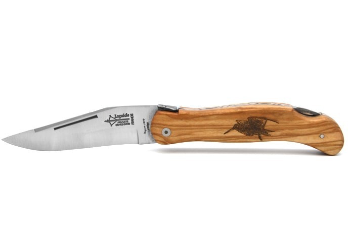 Laguiole folding knife Cubic Grande Nature, 12 cm olive wood handle, woodcock motif, matt finish