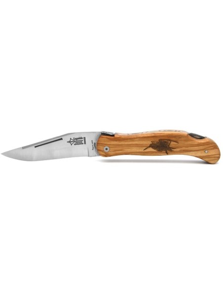 Laguiole folding knife Cubic Grande Nature, 12 cm olive wood handle, woodcock motif, matt finish
