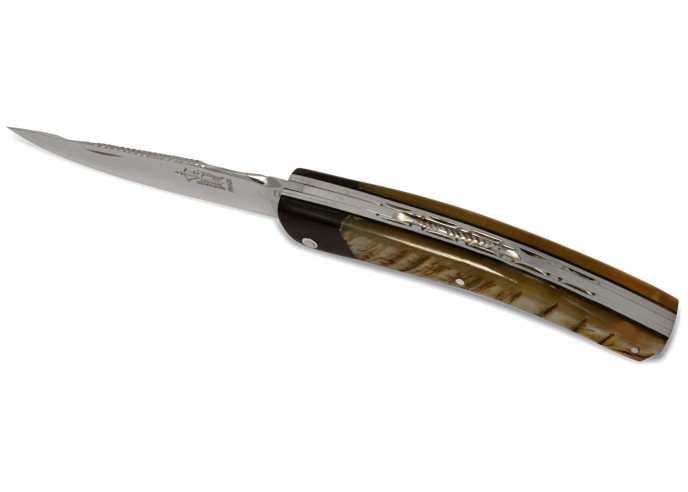 Le Thiers ® Prestige folding knife, ebony wood false bolster, 12 cm ram's horn handle, shiny finish