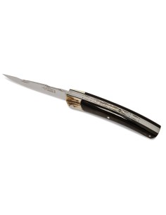 Le Thiers ® knife, black buffalo horn handle with deer antlers bolster
