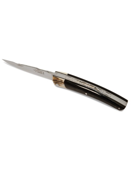 Le Thiers ® knife, black buffalo horn handle with deer antlers bolster