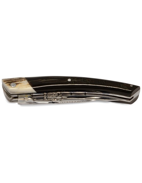 Le Thiers ® knife, black buffalo horn handle with deer antlers bolster