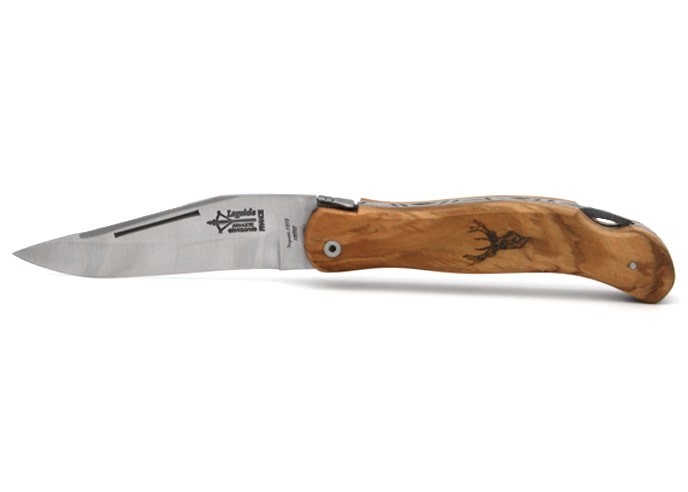 Laguiole folding knife Cubic Grande Nature, 12 cm olive wood handle, deer motif, matt finish