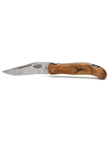 Laguiole folding knife Cubic Grande Nature, 12 cm olive wood handle, deer motif, matt finish