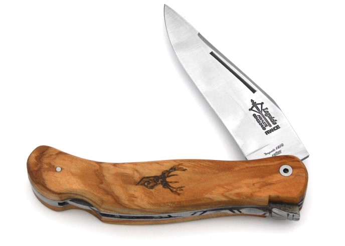 Laguiole folding knife Cubic Grande Nature, 12 cm olive wood handle, deer motif, matt finish