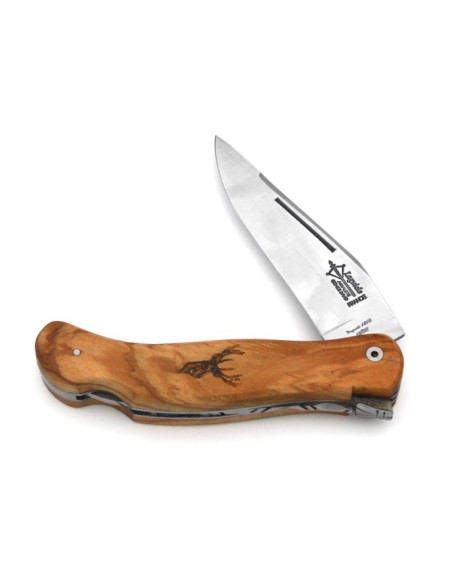 Laguiole folding knife Cubic Grande Nature, 12 cm olive wood handle, deer motif, matt finish