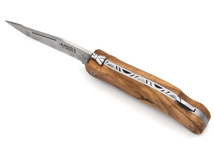 Laguiole folding knife Cubic Grande Nature, 12 cm olive wood handle, deer motif, matt finish