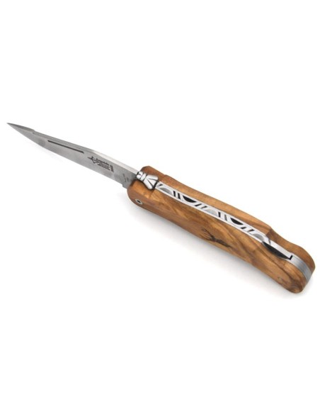 Laguiole folding knife Cubic Grande Nature, 12 cm olive wood handle, deer motif, matt finish