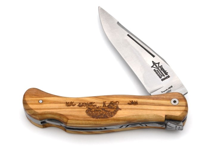 Laguiole folding knife Cubic Grande Nature, 12 cm olive wood handle, boar motif, matt finish