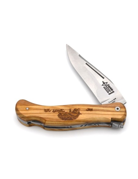 Laguiole folding knife Cubic Grande Nature, 12 cm olive wood handle, boar motif, matt finish