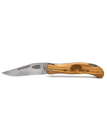 Laguiole folding knife Cubic Grande Nature, 12 cm olive wood handle, boar motif, matt finish