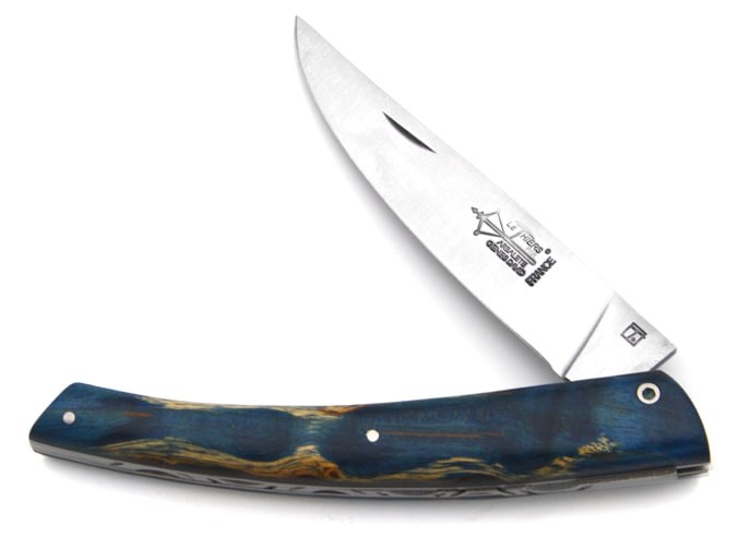 Le Thiers ® folding knife guilloché, 12 cm blue stabilised birch wood handle, matt finish