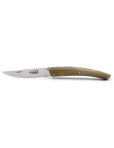 Le Thiers ® pliant guilloché main, manche en pointe de corne blonde de 12 cm, finition brillant