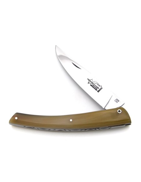 Le Thiers ® pliant guilloché main, manche en pointe de corne blonde de 12 cm, finition brillant