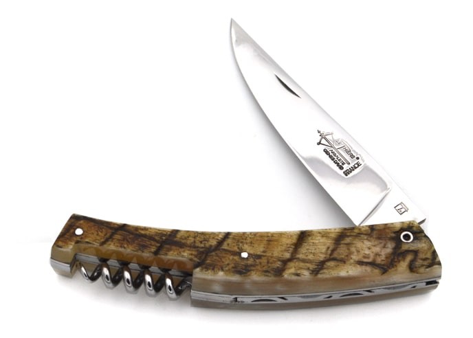 Le Thiers ® folding knife guilloché, corkscrew, 12 cm ram's horn handle, shiny finish