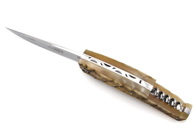 Le Thiers ® pliant guilloché, tire-bouchon, manche en corne de bélier de 12 cm, finition brillant