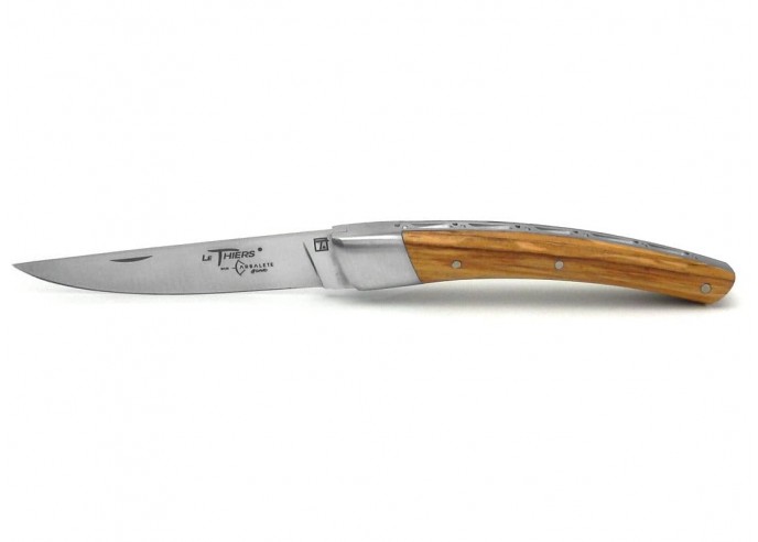 Le Thiers ® folding knife guilloché, 11 cm olive wood handle, matt finish