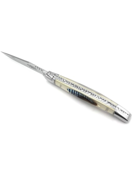Laguiole pliant Prestige, manche inclusion de 2 plumes de geai, finition brillant