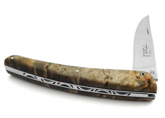 Le Thiers ® folding knife, guilloché, 12 cm stabilized chestnut burl handle, matt finish