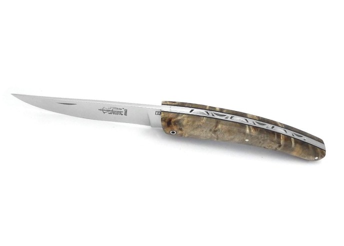Le Thiers ® folding knife, guilloché, 12 cm stabilized chestnut burl handle, matt finish