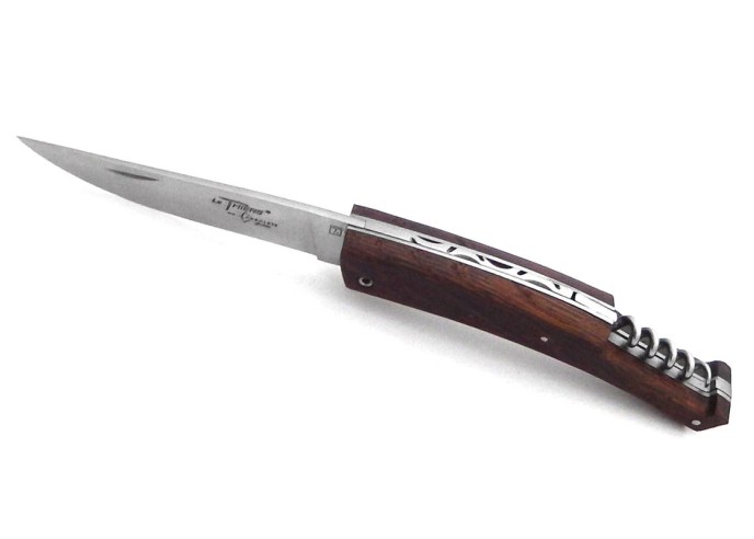 Le Thiers ® folding knife, guilloché with corkscrew, oak wood from barrel of wine, matt finish