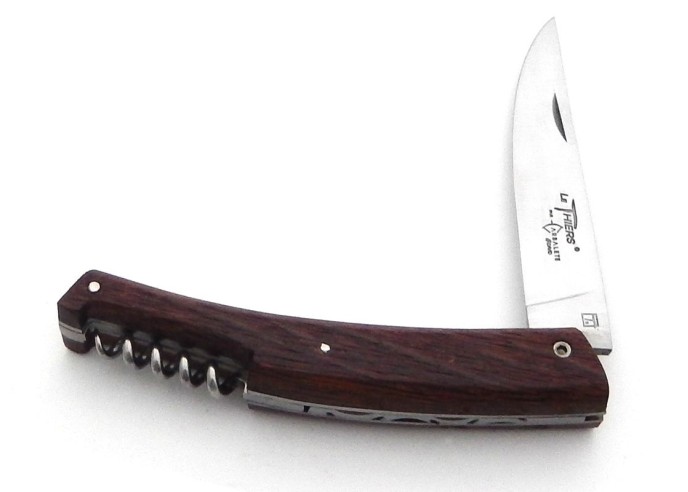 Le Thiers ® folding knife, guilloché with corkscrew, oak wood from barrel of wine, matt finish