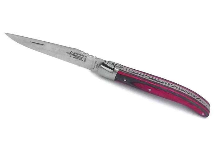 Laguiole folding knife for Ladies, 11 cm pink laminated birch wood handle, matt finish
