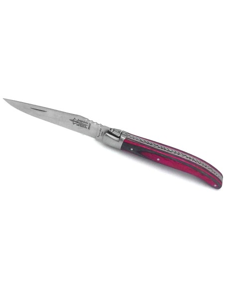 Laguiole pliant au féminin, manche en bouleau lamellé fuchsia de 11 cm, finition mat