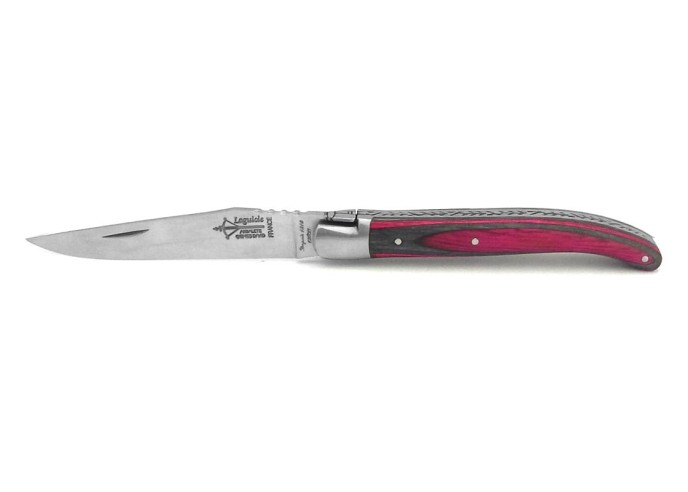 Laguiole pliant au féminin, manche en bouleau lamellé fuchsia de 11 cm, finition mat