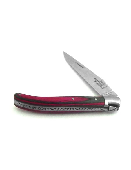 Laguiole pliant au féminin, manche en bouleau lamellé fuchsia de 11 cm, finition mat
