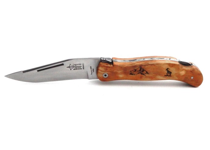 Laguiole folding knife Cubic Grande Nature, olive wood handle, mountain motif, matt finish