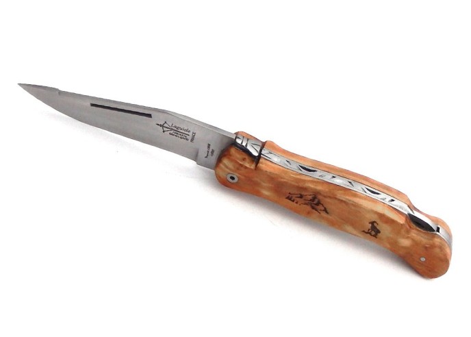 Laguiole folding knife Cubic Grande Nature, olive wood handle, mountain motif, matt finish